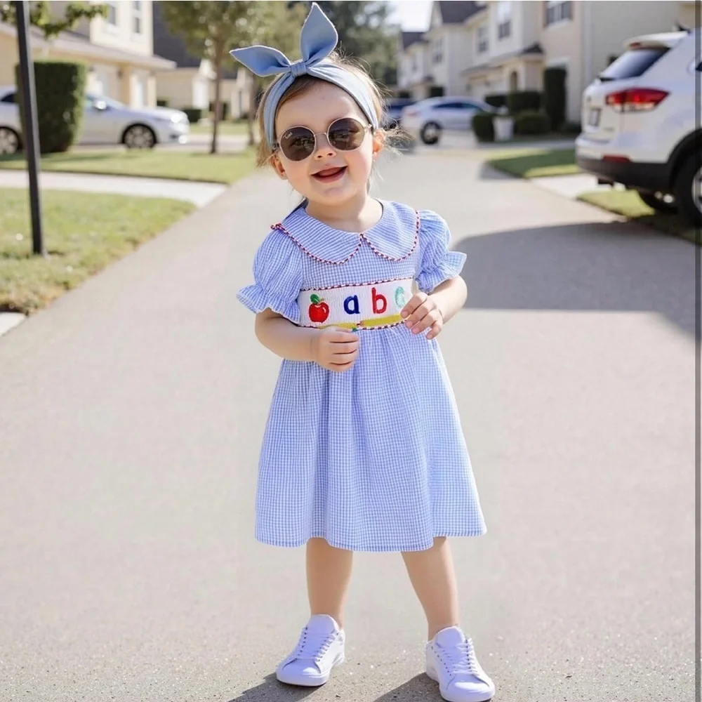 NWT 4T Girls Blue Gingham Alphabet Back to School Short Sleeve Smocked Dress